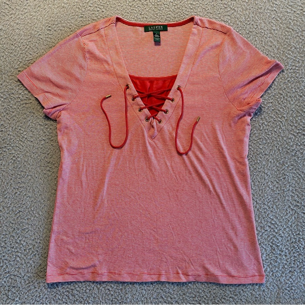 Lauren Ralph Lauren Red And White Striped V-Neck Lace-Up Top Women’s Size Large
